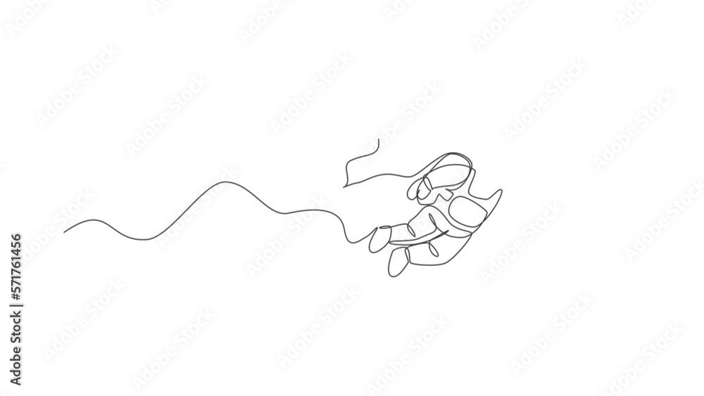 Poster animation of one line drawing of space man astronaut exploring cosmic galaxy, flying with wing suit.