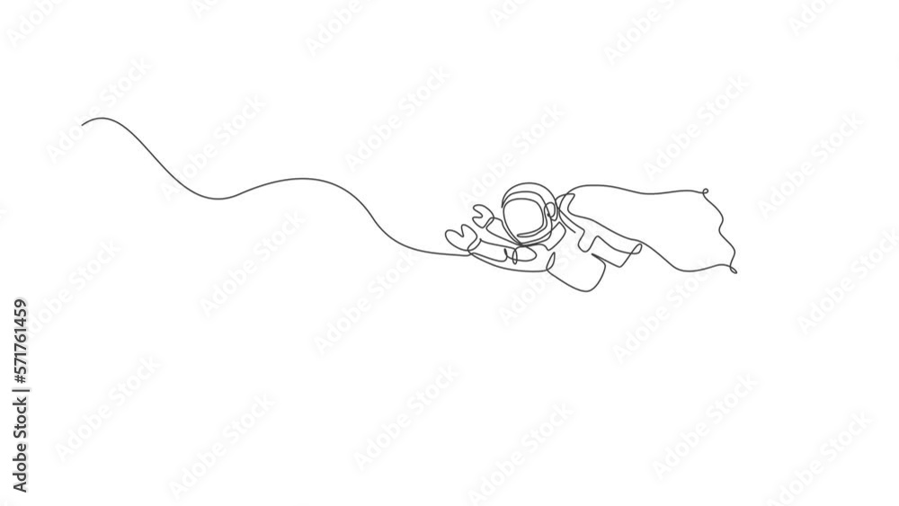 Poster animated self drawing of single continuous line drawing floating science astronaut in spacewalk fly 