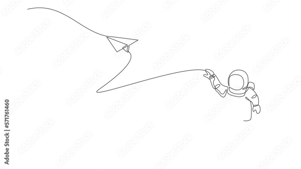 Poster animation of one line drawing of space man astronaut exploring outer space, launching plane paper. f