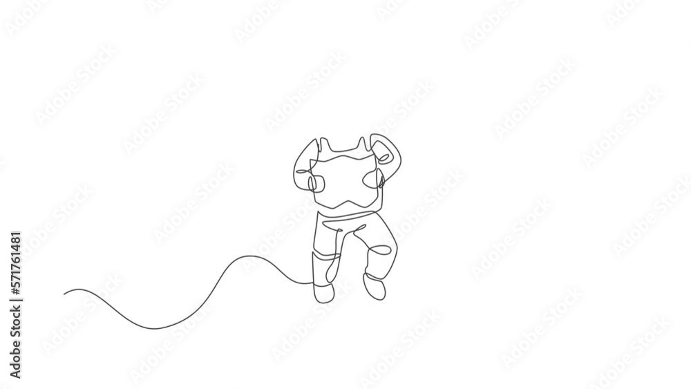 Poster animated self drawing of single continuous line draw floating science astronaut in spacewalk reading