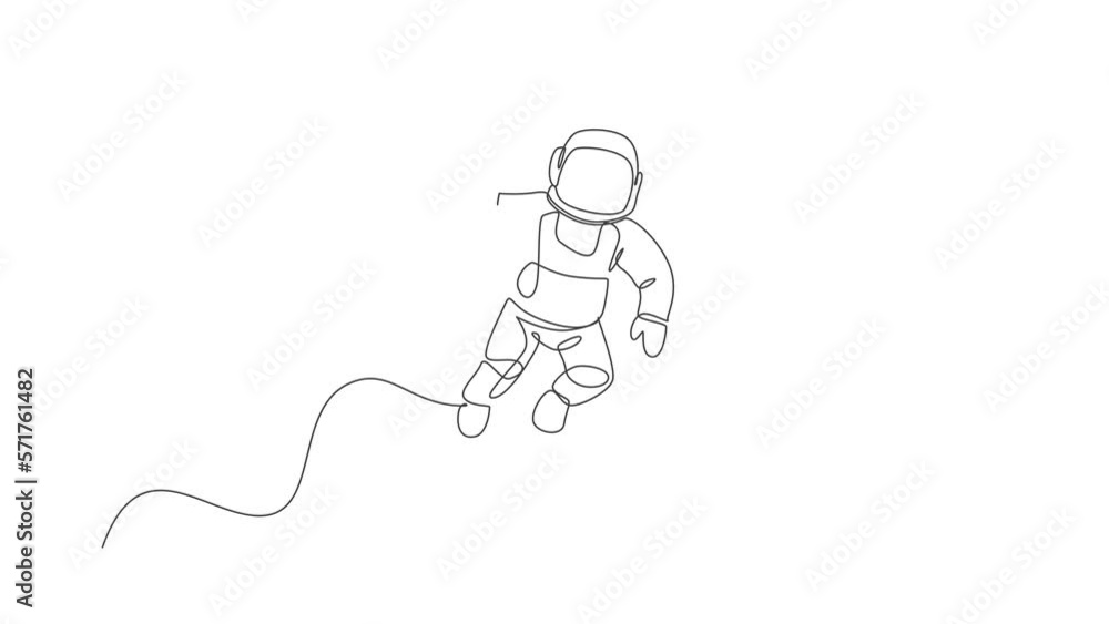 Poster animated self drawing of continuous line draw cosmonaut exploring outer space. astronaut holding pap