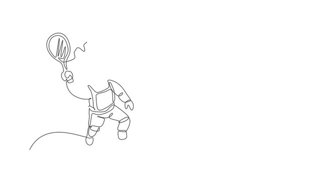 Animated self drawing of continuous line drawing of floating science astronaut in spacewalk hitting star using racket. Fantasy deep space exploration, fiction concept. Full length one line animation.
