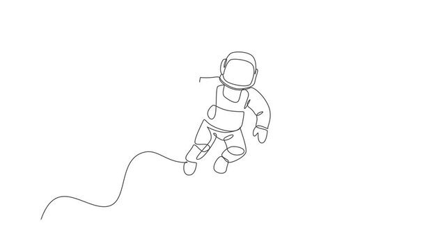 Animated self drawing of continuous line draw cosmonaut exploring outer space. Astronaut holding paper plane. Fantasy cosmic galaxy discovery concept. Full length single line animation illustration.