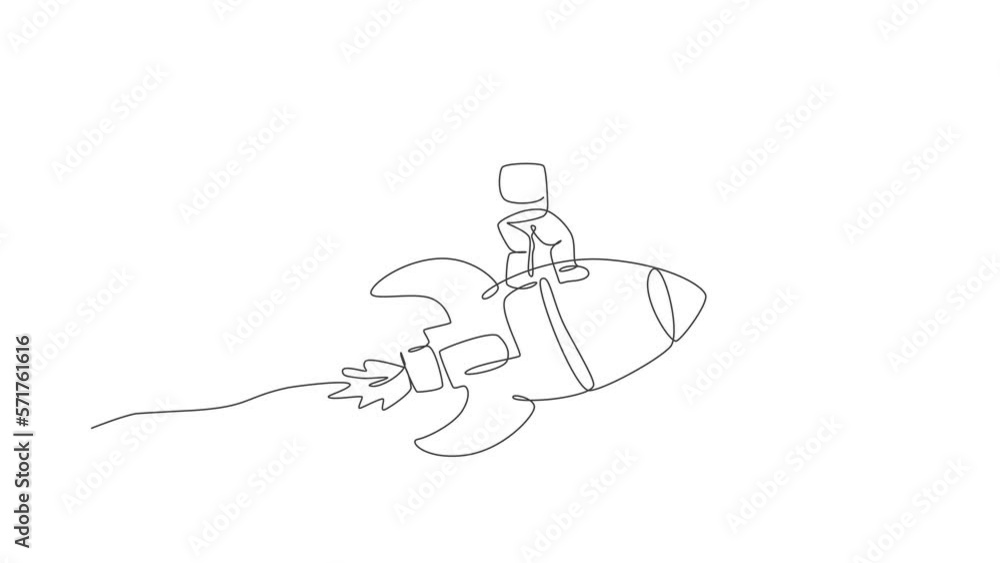 Poster animation of one line drawing of astronaut in spacesuit flying, discovering deep space while standin