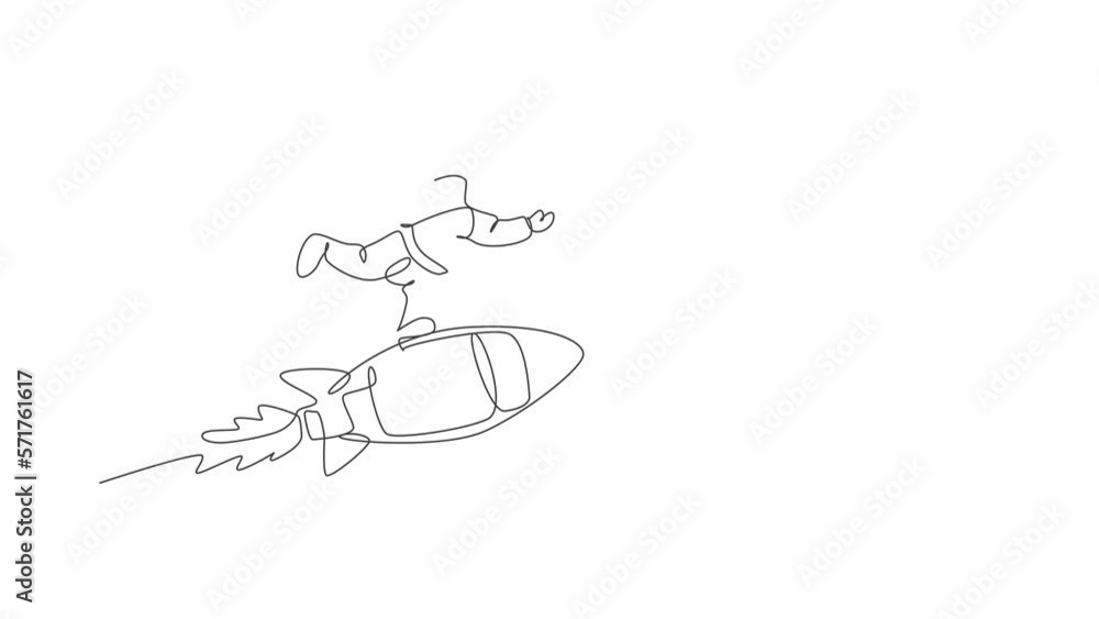 Poster animation of one line drawing of astronaut in spacesuit floating, discovering deep space while stand