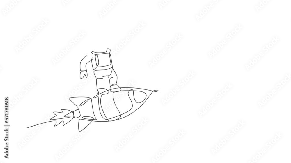 Poster animated self drawing of continuous line draw astronaut in spacesuit flying at outer space while sta