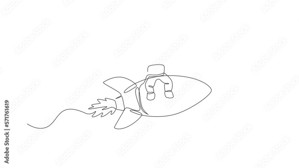 Poster animated self drawing of one continuous line draw spaceman astronaut waving hand and sit on flying r