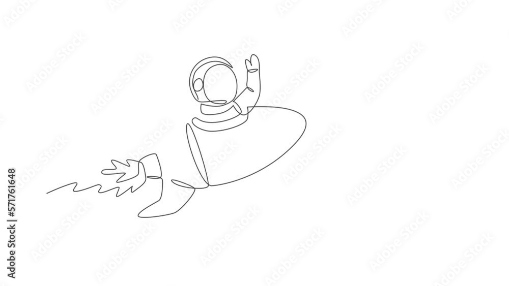 Poster animated self drawing of single continuous line draw astronaut in spacesuit waving hand at outer spa