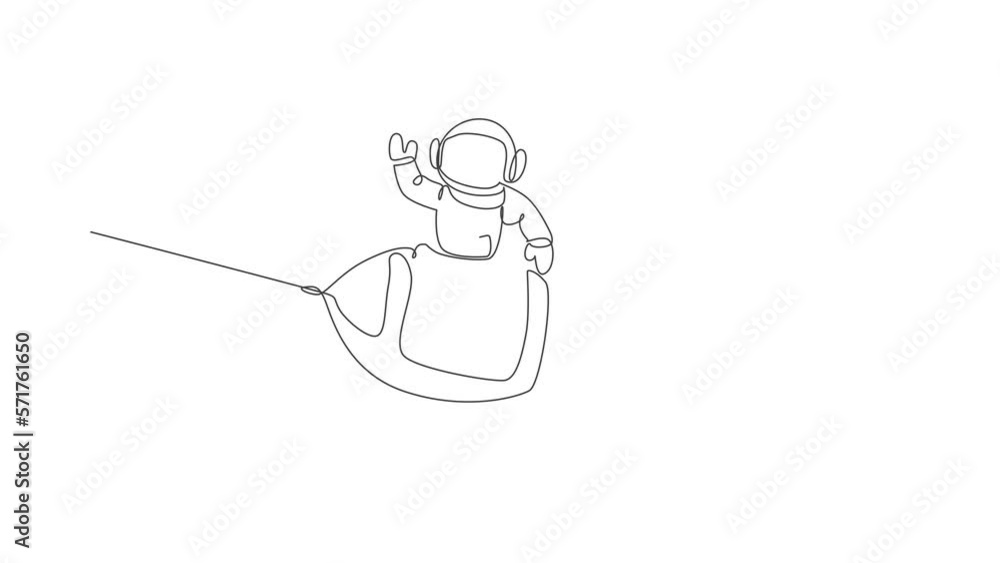 Poster animated self drawing of continuous line draw astronaut science discovering cosmos galactic while wa