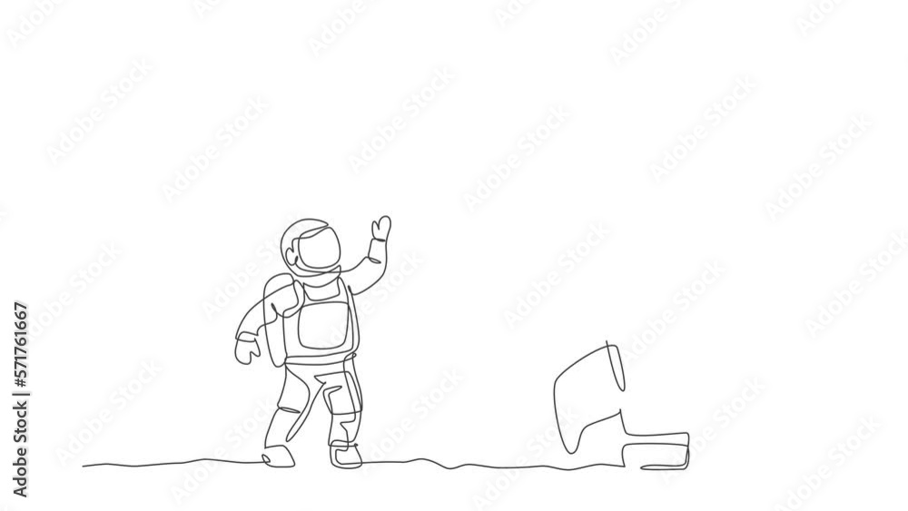 Poster animated self drawing of continuous line drawing of astronaut in spacesuit waving hand and saying go