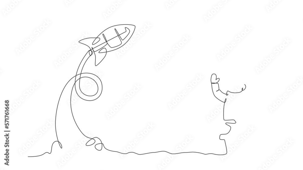 Poster animated self drawing of continuous line draw spaceman astronaut science at moon land waving hand to