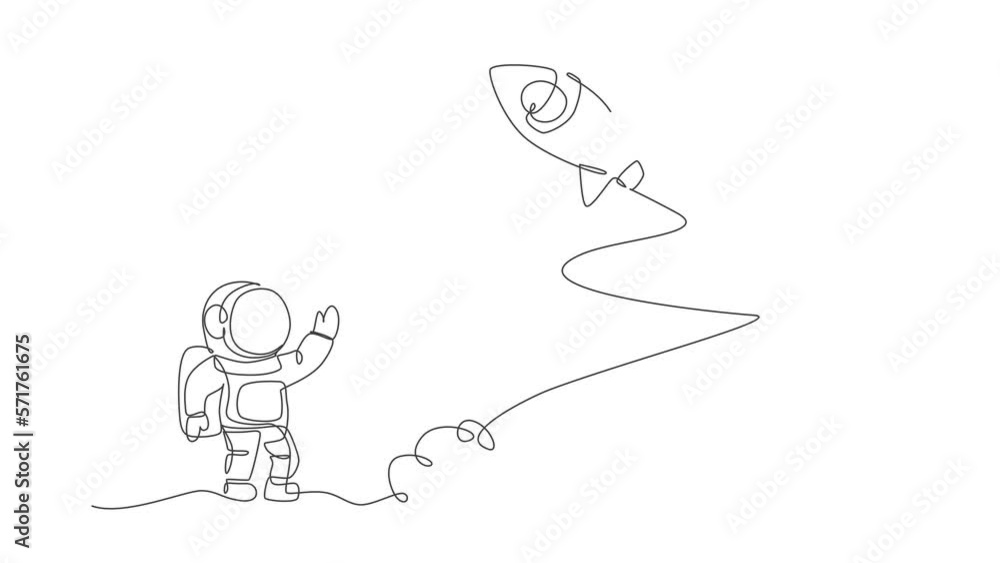 Poster animated self drawing of one continuous line draw spaceman astronaut science on moon waving hand to 