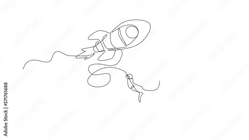 Poster animation of one line drawing astronaut in spacesuit floating and discovering deep space with rocket