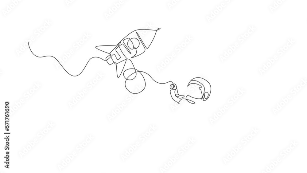 Poster animation of one line drawing of astronaut in spacesuit floating and discovering deep space with roc