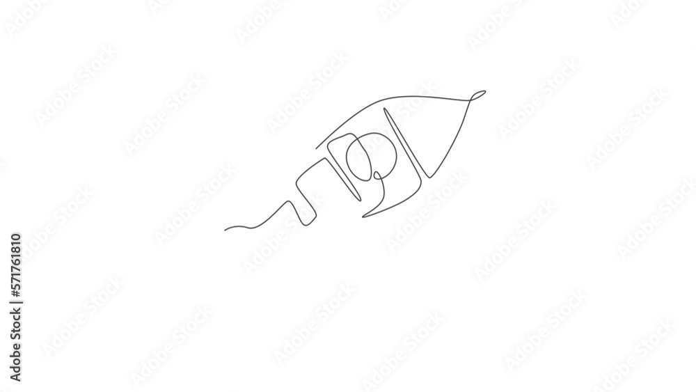 Poster animation of one single line drawing of simple vintage rocket takes off into the outer space. explor