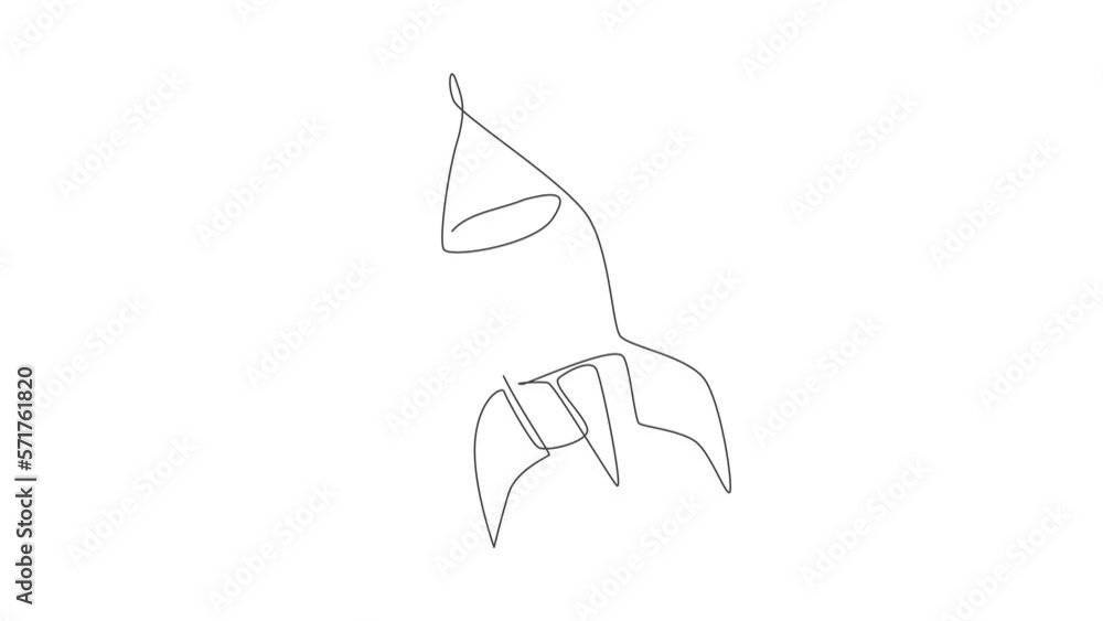 Poster animated self drawing of single continuous line draw rocket launch fly into the sky universe. vintag