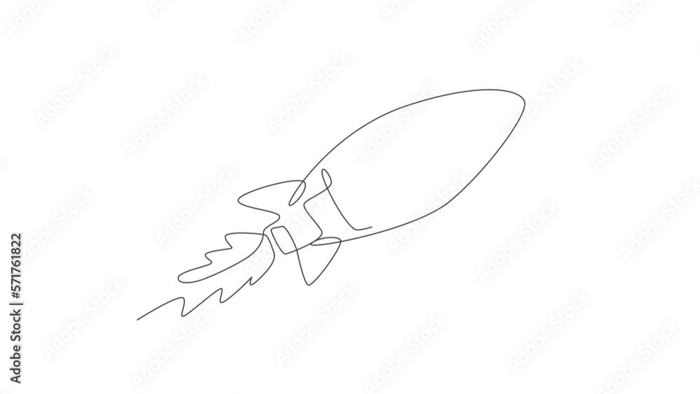 Poster animation of one single line drawing of simple vintage rocket takes off into the outer space. explor