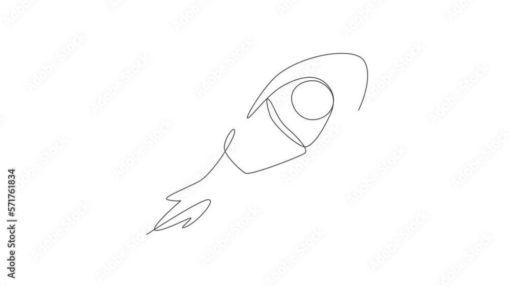 Poster animated self drawing of one continuous line draw simple retro spacecraft flying up to the outer spa