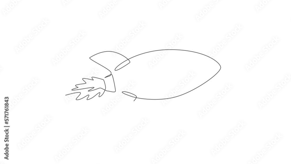 Poster animated self drawing of single continuous line draw rocket launch fly into the sky universe. vintag
