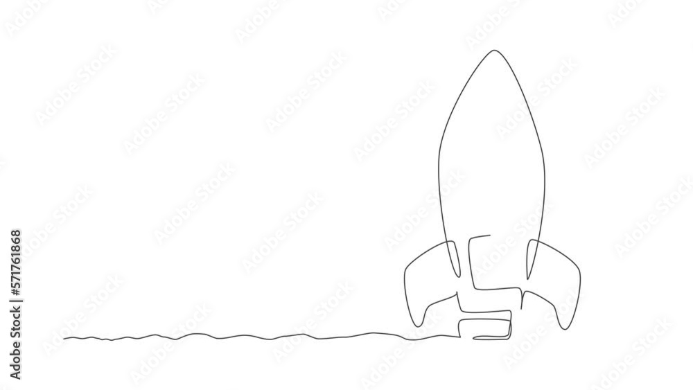 Poster animated self drawing of single continuous line draw rocket launch fly into the sky universe. vintag