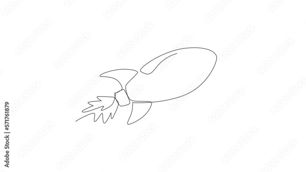 Poster animated self drawing of one continuous line draw simple retro spacecraft flying up to the outer spa