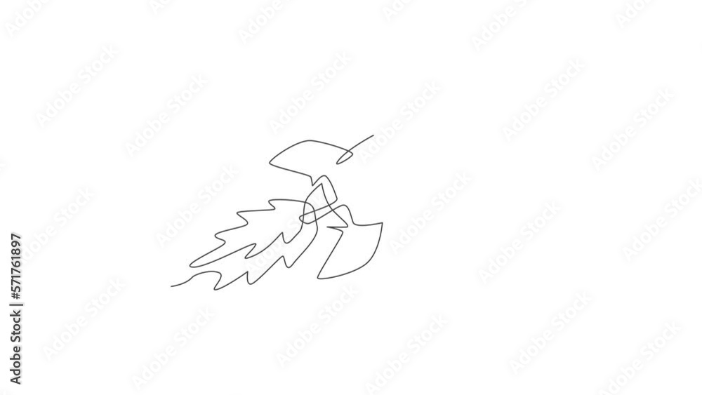 Poster animation of one single line drawing of simple vintage rocket takes off into the outer space. explor