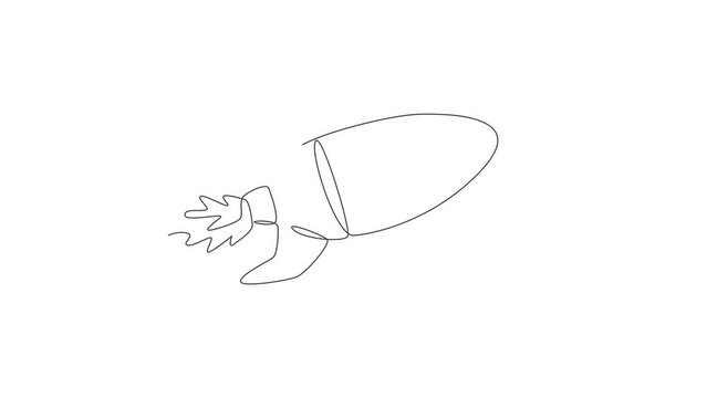Animated self drawing of one continuous line draw simple retro spacecraft flying up to the outer space nebula. Rocket space ship launch into universe concept. Full length single line animation.