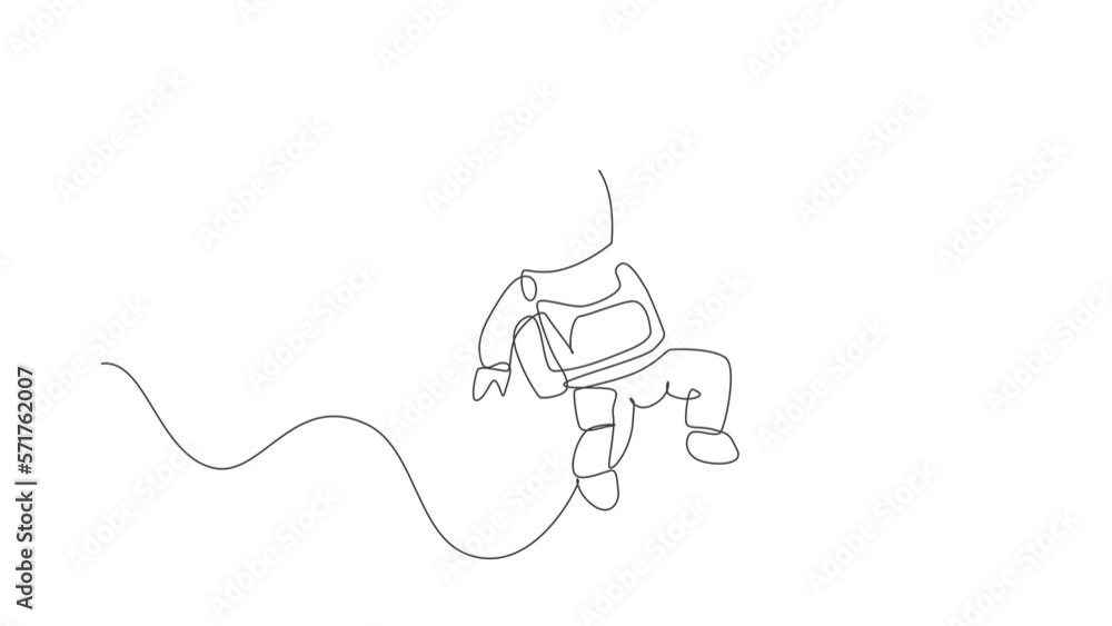 Poster animation of one line drawing of young astronaut in spacesuit flying at outer space illustration. sp