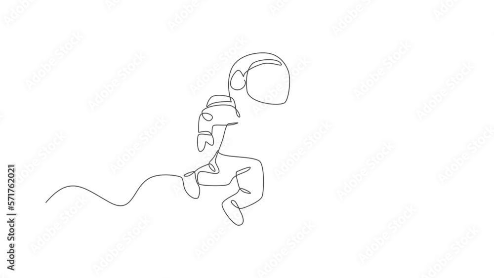 Poster animated self drawing of one continuous line draw young astronaut scientist exploring outer space in