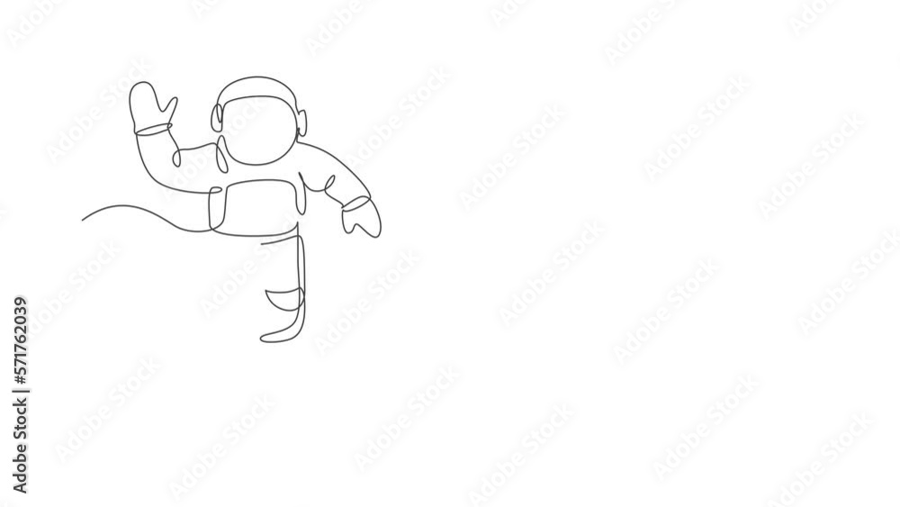 Poster animation of one line drawing of young astronaut in spacesuit flying at outer space illustration. sp