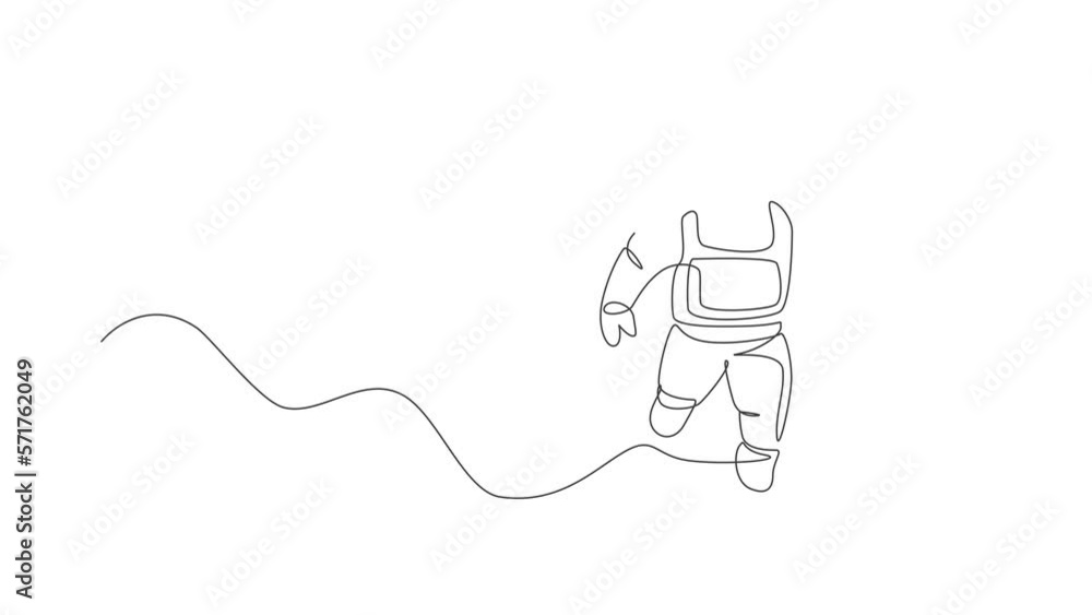Poster animated self drawing of single continuous line draw young cosmonaut scientist discovering spacewalk