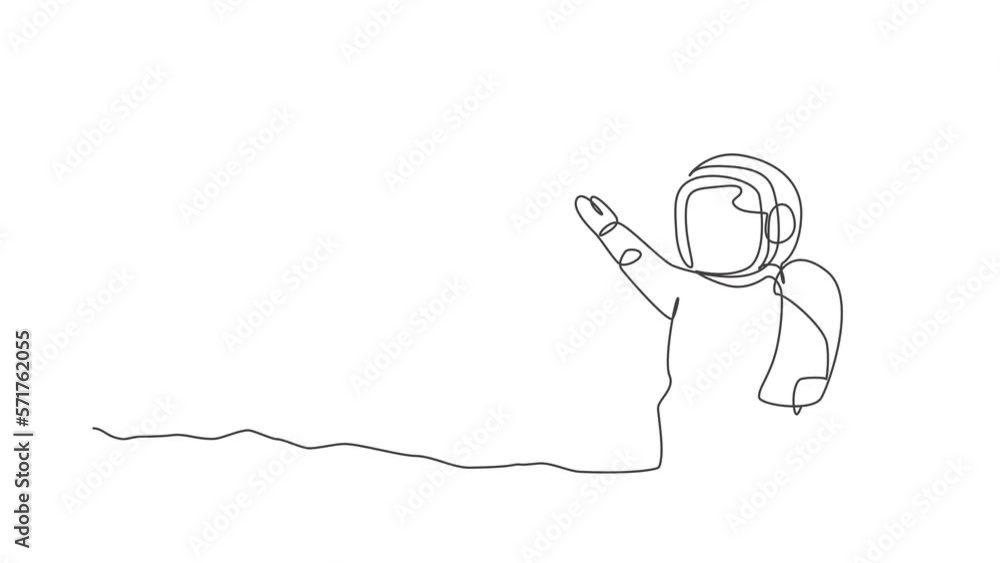 Poster animated self drawing of one continuous line draw young astronaut scientist exploring outer space in