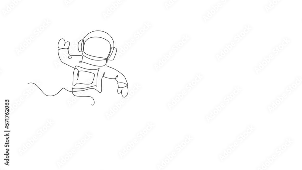 Poster animated self drawing of one continuous line draw young astronaut scientist exploring outer space in