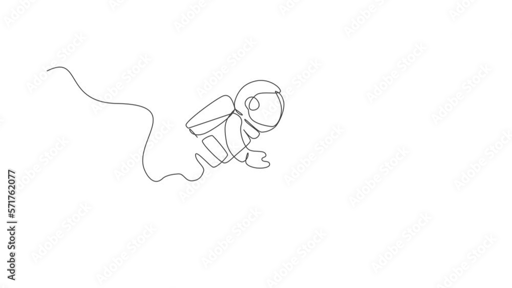 Poster animation of one line drawing of young astronaut in spacesuit flying at outer space illustration. sp
