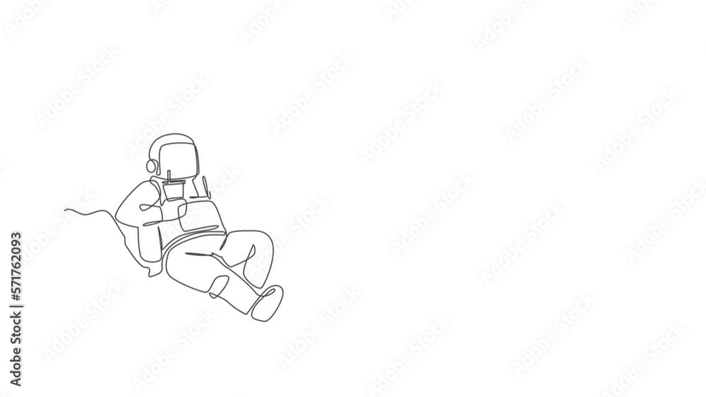 Poster animated self drawing of continuous line draw cosmonaut laying relax on moon surface eat french frie