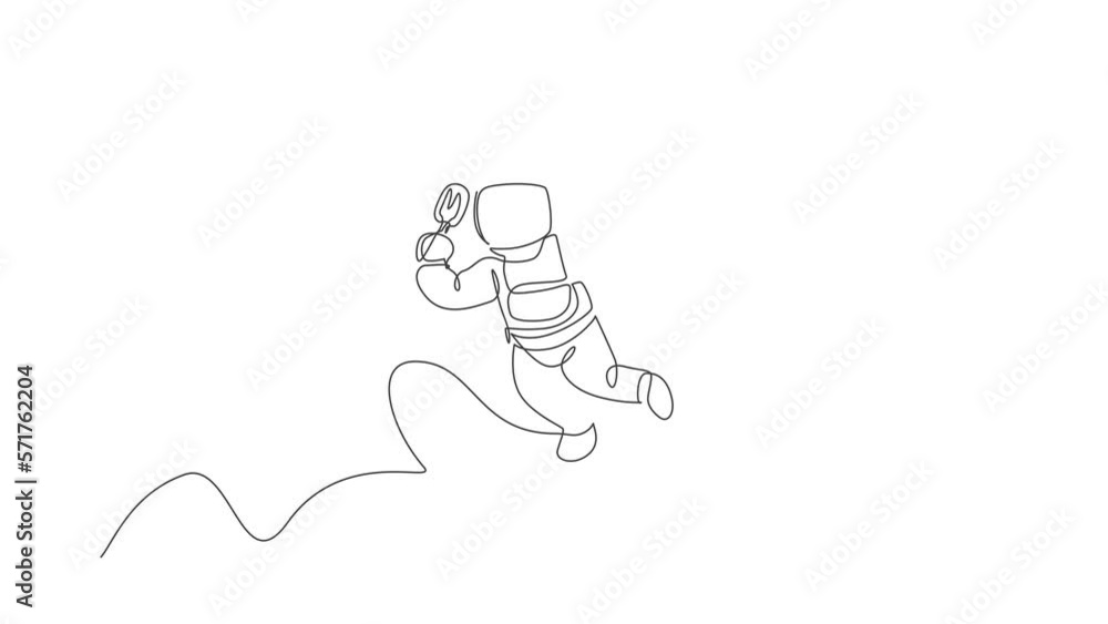 Aufkleber animated self drawing of single continuous line draw spaceman flying relax while eating popsicle ice