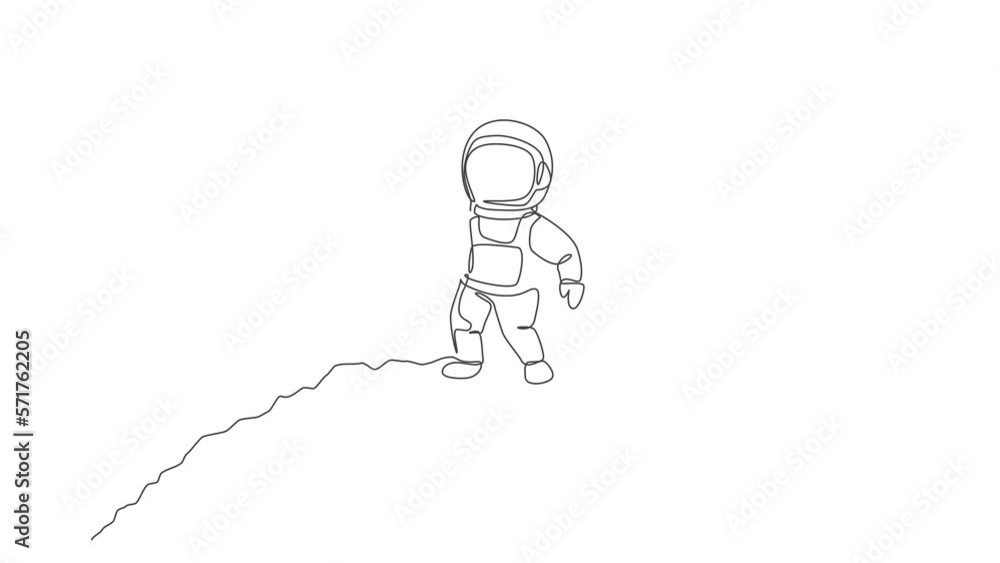 Poster animation of one line drawing astronaut walking om moon surface while eating sweet cold milk ice cre