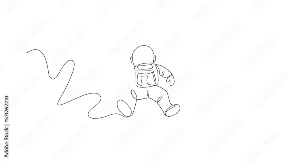 Poster animated self drawing of one continuous line draw cosmonaut flying and eating sweet cold cone milk i