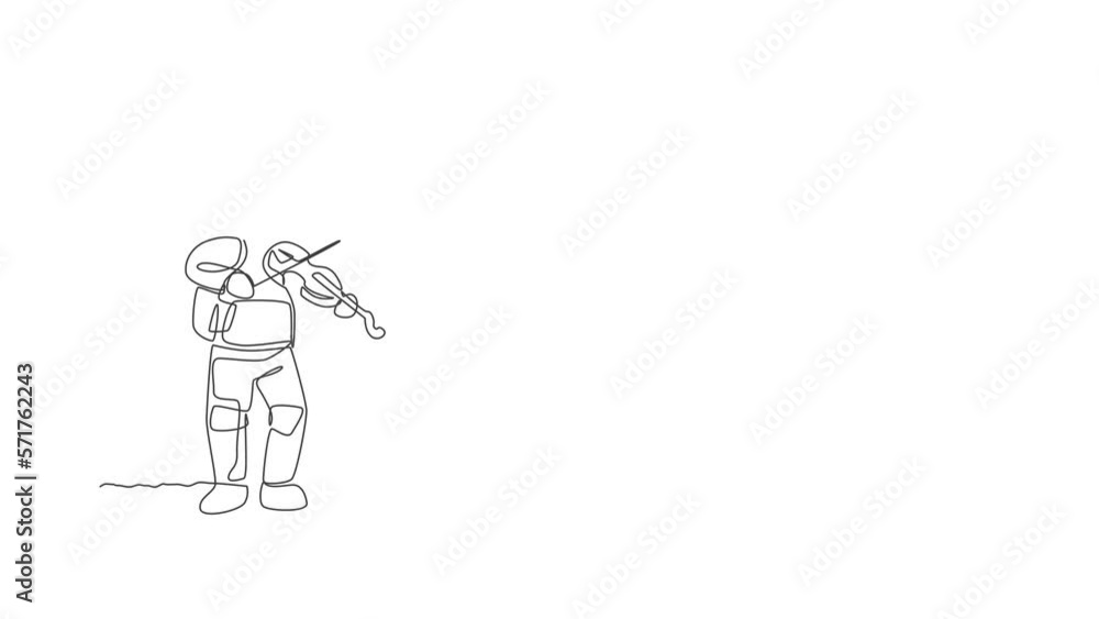 Poster animation of one line drawing of spaceman playing violin musical instrument in deep space. music con