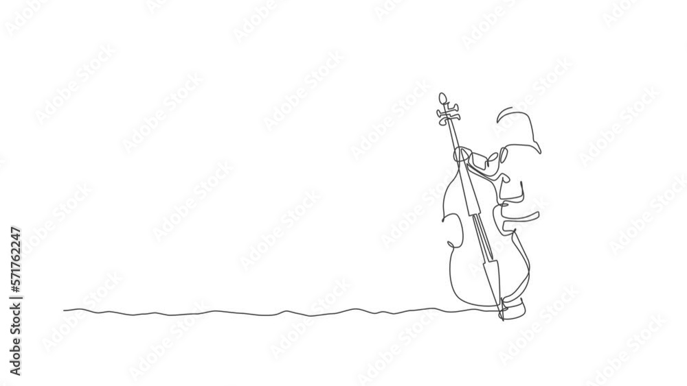 Poster animation of one line drawing of spaceman cellist playing cello musical instrument on moon surface. 