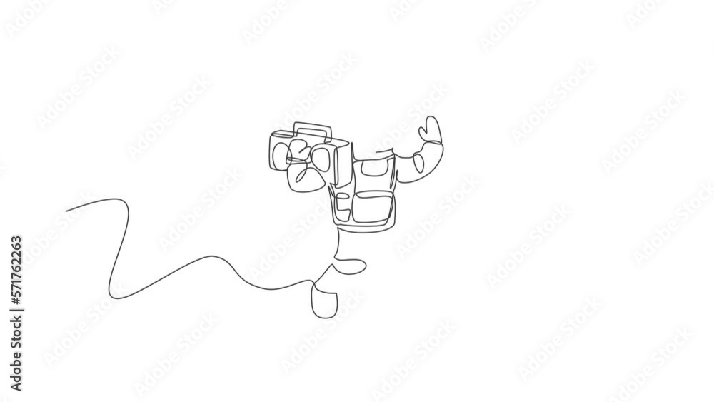 Poster animated self drawing of single continuous line draw astronaut bringing vintage radio on shoulder in