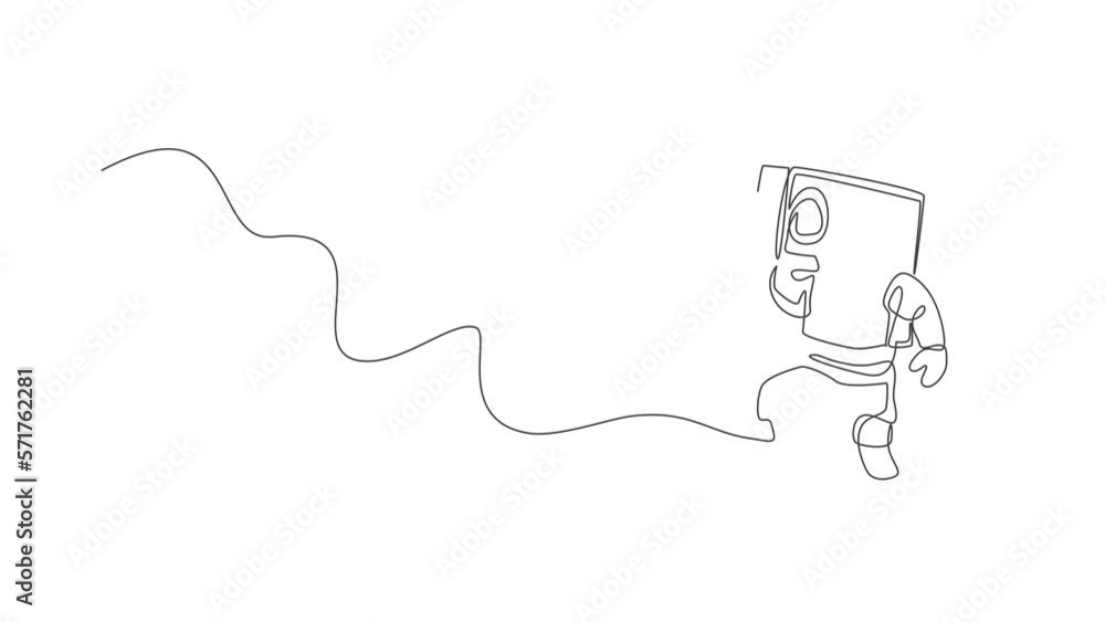 Poster animated self drawing of continuous line draw astronaut with spacesuit playing radio on shoulder in 