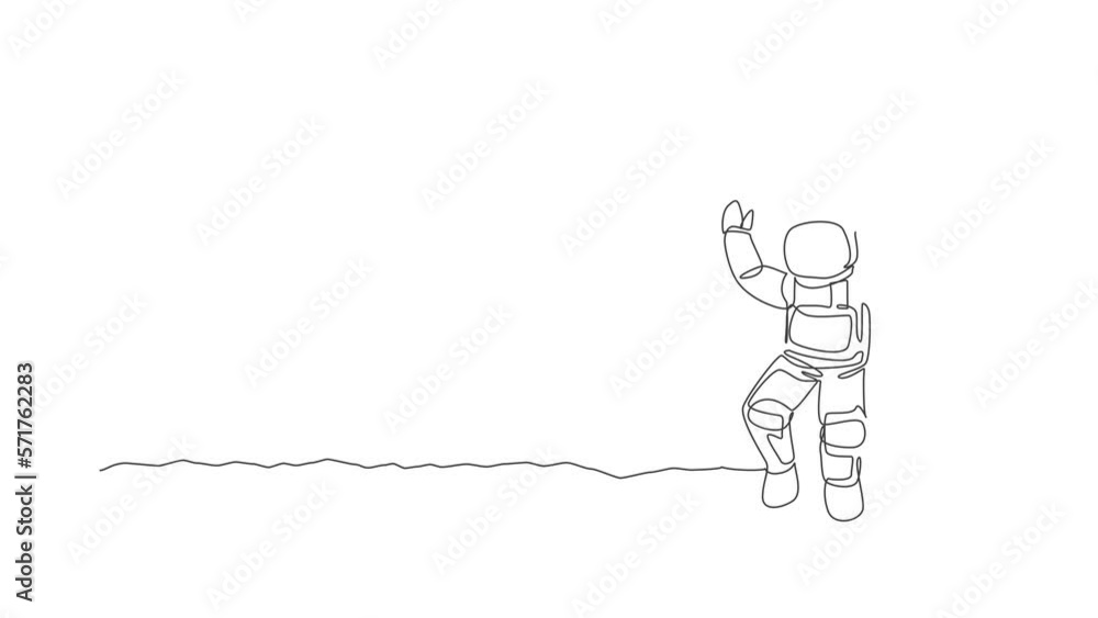 Poster animated self drawing of single continuous line draw astronaut walking and holding retro radio with 