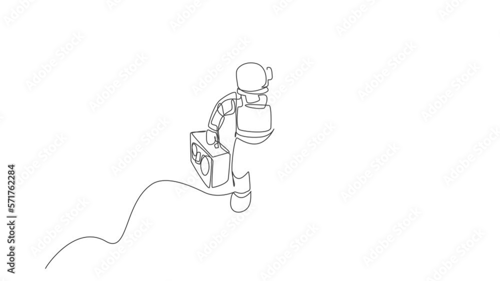 Poster animation of one line drawing of spaceman flying and bringing retro radio in deep space. music conce