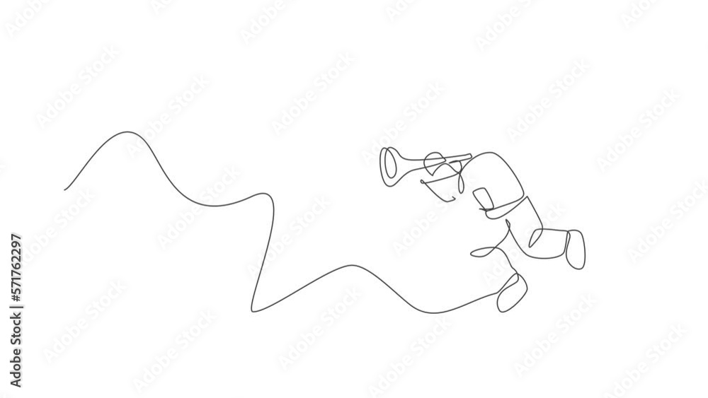 Poster animated self drawing of one continuous line draw astronaut with spacesuit playing trumpet in galaxy