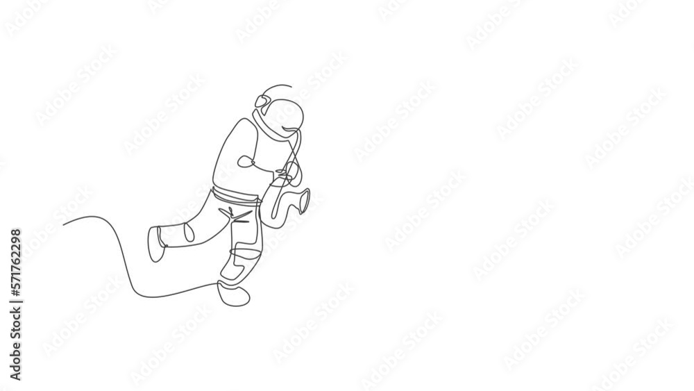 Poster animated self drawing of one continuous line drawing astronaut with spacesuit playing saxophone in g