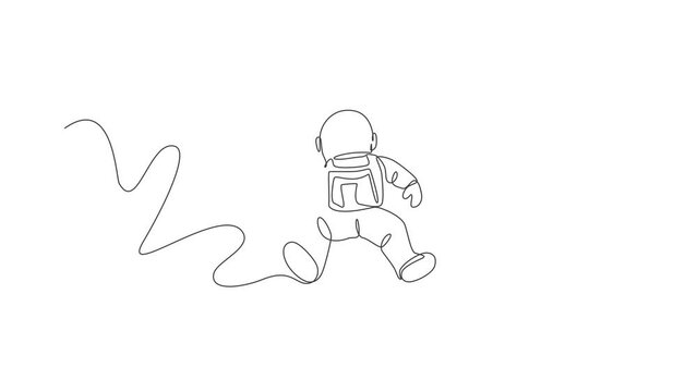 Animated self drawing of one continuous line draw cosmonaut flying and eating sweet cold cone milk ice cream in galactic. Fantasy outer space astronaut life concept. Full length single line animation.