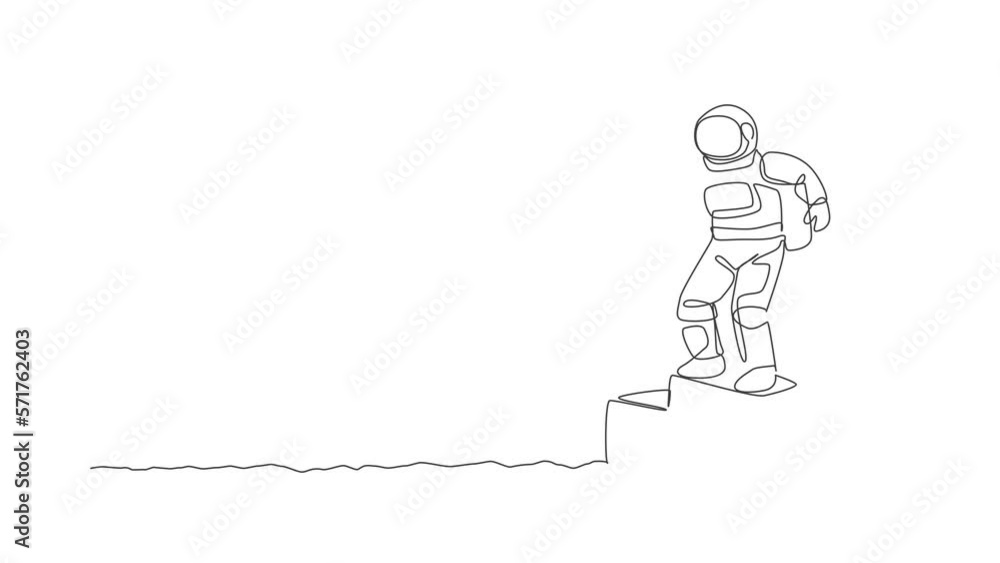 Poster animated self drawing of one continuous line draw astronaut standing on first place podium in deep s