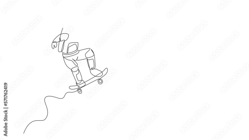 Poster animated self drawing of single continuous line draw astronaut riding skateboard on moon surface. sp