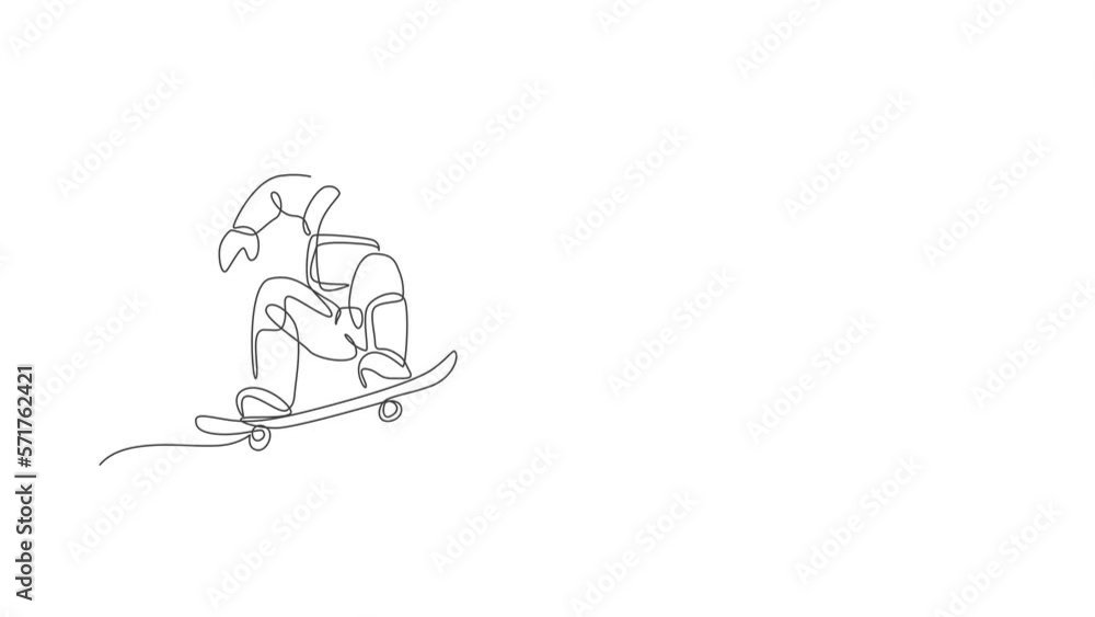Poster animated self drawing of one continuous line draw astronaut riding skateboard in deep space galaxy. 